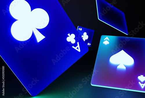 Photography Glowing casino cards game on dark black background - 3d render