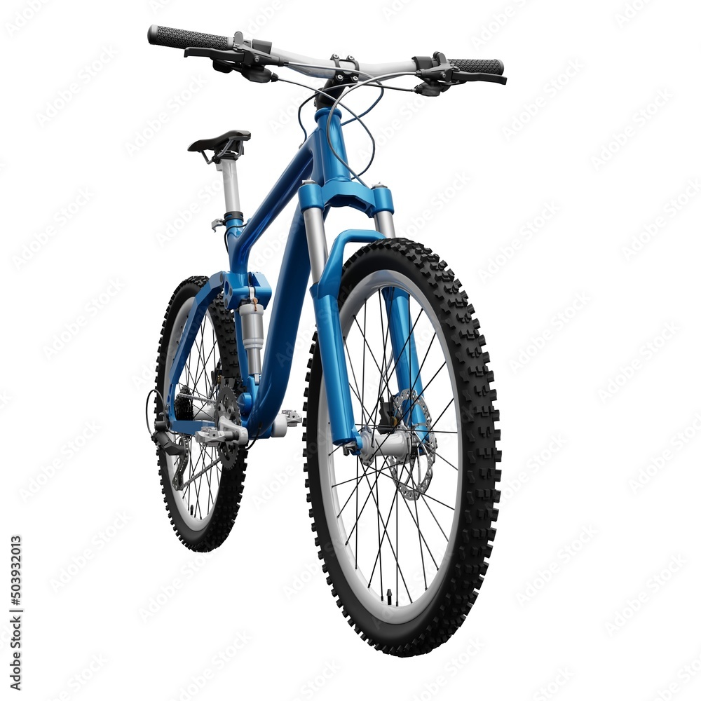 Blue mountain bike on an isolated white background. 3d rendering. Blue mountain bike on an isolated white background. 3d rendering.