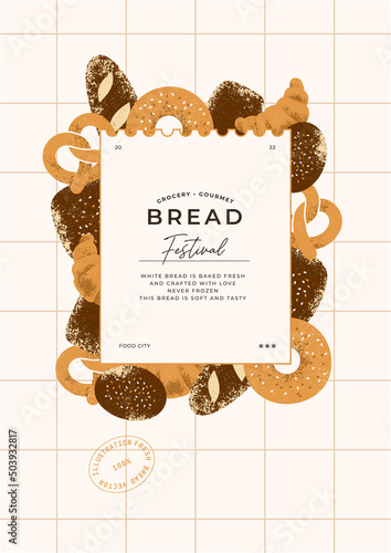 Textured bread illustration. Bread and flour design template. Minimalist vintage poster. Vector illustration