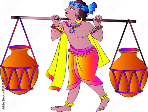 Indian village morning rituals. Man carrying milk pots to the market. Drawn in Indian folk art, Kalamkari style. for textile printing, logo, wallpaper