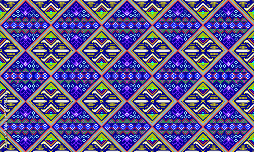 Geometric seamless pattern. Colored red and beige design on blue background for wallpapers, textile and fabrics Geometric seamless pattern. Colored red and beige design on blue background for wallpapers, textile and fabrics