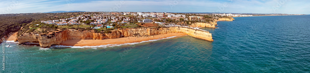 Aerial panorama from the Algarve coastline at Church Senhora de Nossa in Armacao de Pera Portugal