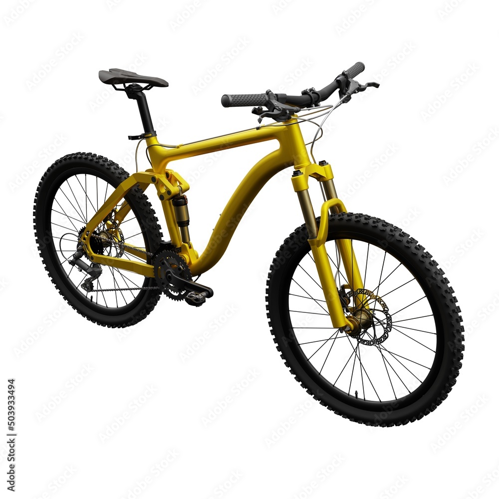 Gold mountain bike on an isolated white background. 3d rendering.