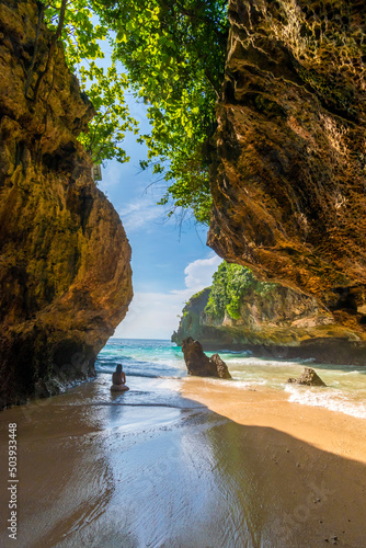 The beautiful hidden beach, a surfers paradise, accessible only during the low tides, Suluban Beach, beautiful Bali