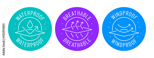 100% Waterproof Windproof Breathable vector logo badge icon set