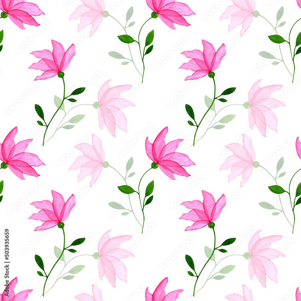 Pink flowers watercolor pattern seamless background
