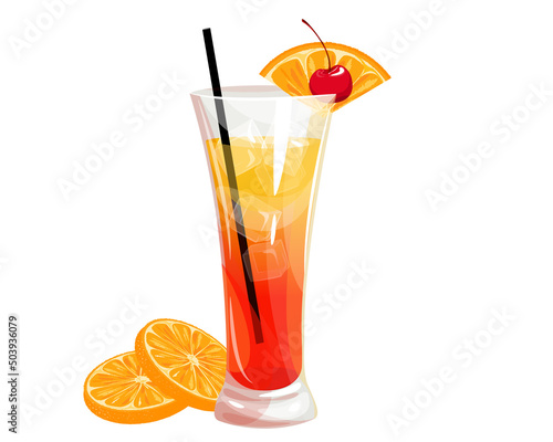 Tequila Sunrise cocktail.Summer alcoholic cocktail. Refreshing tropical drink with a slice of orange, ice cubes and cherries.Vector illustration.The concept of drinks.