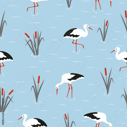 Seamless stork and reeds pattern. Vector swamp illustration.