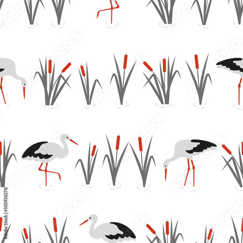 Storks and reeds seamless vector pattern. Textile, fabric design