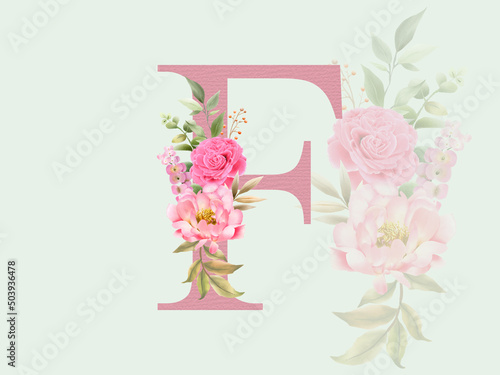 Beautiful alphabet F with floral bouquet