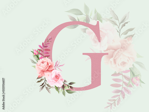 Beautiful alphabet G with floral bouquet