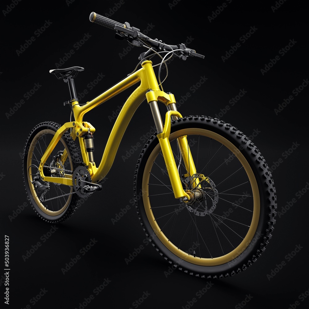 yellow mountain bike on an isolated black background. 3d rendering.
