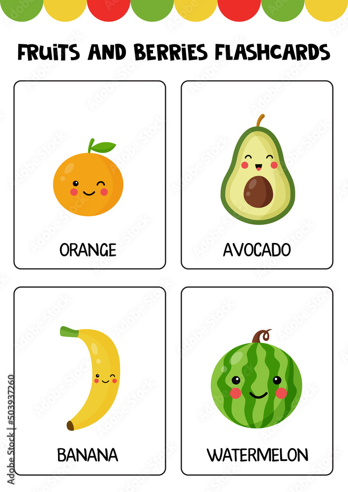 Cute cartoon fruits and berries with names. Flashcards for children