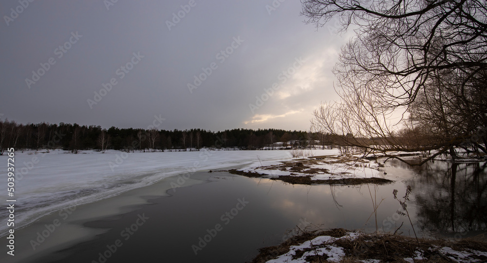 Fototapeta premium Flood. March evening by the river, the snow is melting. Evening in early spring. Trees are reflected in the water.