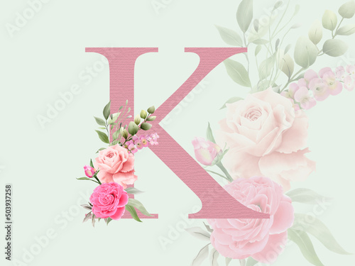 Beautiful alphabet K with floral bouquet