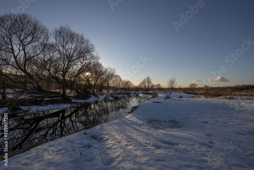 March sunny evening by the river. Blue sky over the horizon. A picturesque landscape, early spring, a river with snow-covered banks, dry grass and bushes. The first thaws, the snow is melting © Sergei