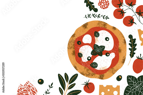 Italian pizza design template. Pizza Margherita with tomatoes and mozzarella on the white background. 