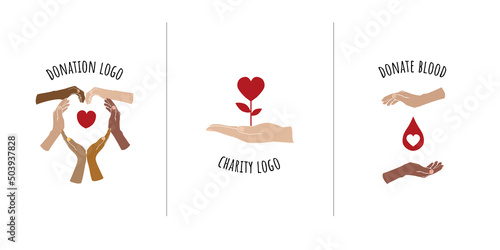 donation and charity logo icon set. minimal simple  diverse people hand and heart symbol. concept of Charity donation and volunteer work. Support and assistance. multicultural, multiethnic community