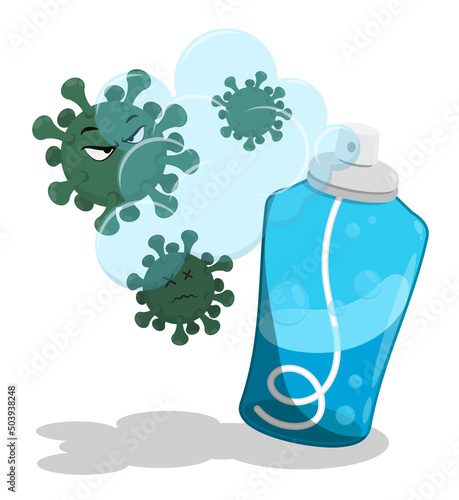 Cartoon evil viruses die in clouds of disinfectant. Treatment of premises from dangerous microorganisms, prevention of spread of diseases. Vector isolated on white background