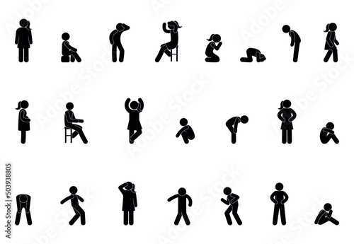 people icon collection, isolated human silhouettes, man and woman illustration, person running, standing, sitting