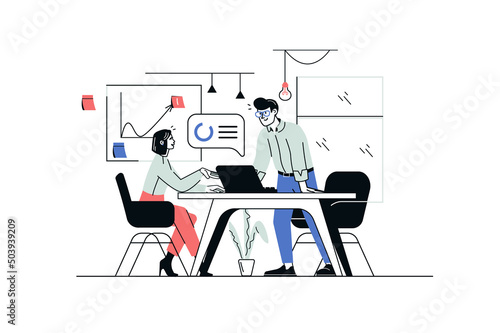 Digital business concept in flat line design. Man and woman work together, discuss strategy, promoting and developing project in social networks. Vector illustration with outline people scene for web