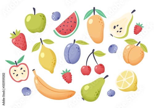 Summer fruit collection. Set of fresh tropical and garden fruits doodle, organic biological vegan food. Cute cartoon vector illustration