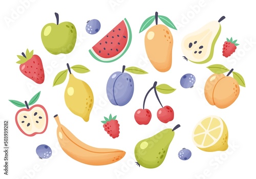 Summer fruit collection. Set of fresh tropical and garden fruits doodle, organic biological vegan food. Cute cartoon vector illustration