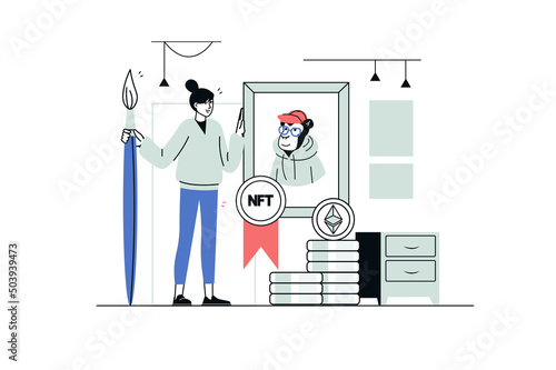 NFT concept in flat line design. Woman creates digital paintings with non fungible token for sale on online auction. Artist doing unique artwork. Vector illustration with outline people scene for web