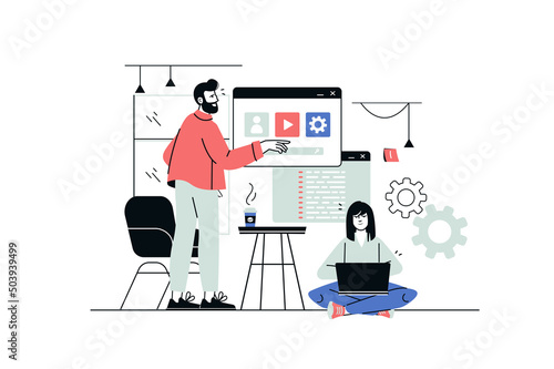 UI UX programming concept in flat line design. Development team creates user interface, arranges navigation buttons, optimizes applications. Vector illustration with outline people scene for web