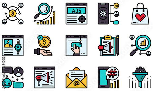 Set of Vector Icons Related to Digital Marketing. Contains such Icons as Affiliate Marketing, Advertising, Blog, Commission, Clickbait, Content Marketing and more.