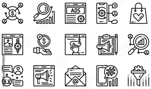 Set of Vector Icons Related to Digital Marketing. Contains such Icons as Affiliate Marketing, Advertising, Blog, Commission, Clickbait, Content Marketing and more.