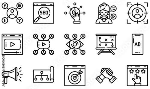 Set of Vector Icons Related to Digital Marketing. Contains such Icons as Social Marketing, Seo, Influencer, Video Marketing, Megaphone, Online Marketing and more.