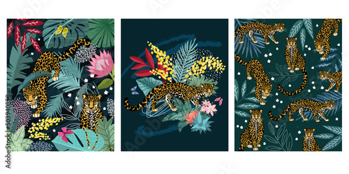 Set of three cards with tropical leaves and jaguar