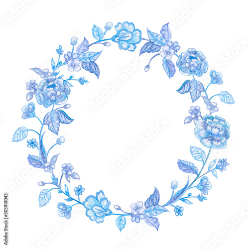 graceful wreath with decorative blue flowering twigs. watercolor painting