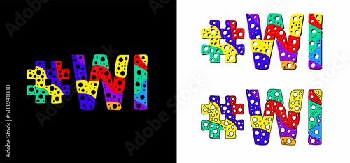 Hashtag #WI set. Multicolor bright funny cartoon colorful doodle bubble isolated text. Rainbow colors. Hashtag #WI is abbreviation for the US American state Wisconsin for print, social network.