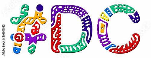 DC Hashtag. Multicolored bright isolate curves doodle letters. Hashtag #DC is abbreviation for the US American District of Columbia for social network, web resources, mobile apps.