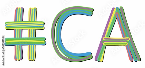 CA Hashtag. Multicolored bright isolate curves doodle letters. Hashtag #CA is abbreviation for the USA state California for social network, web resources, mobile apps.