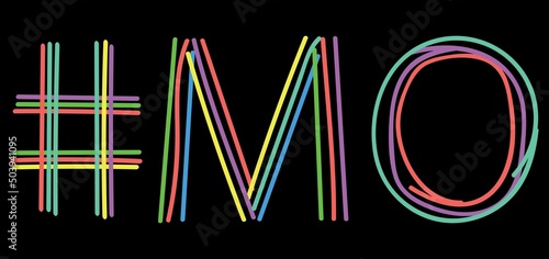 MO Hashtag. Isolate neon doodle lettering text from multi-colored curved neon lines like from a felt-tip pen, pensil. #MO is abbreviation for the US America state Missouri for banner, social network
