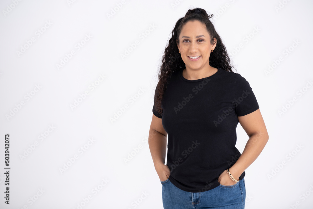 Studio portrait of mid adult woman in black t-shirt Studio portrait of mid adult woman in black t-shirt