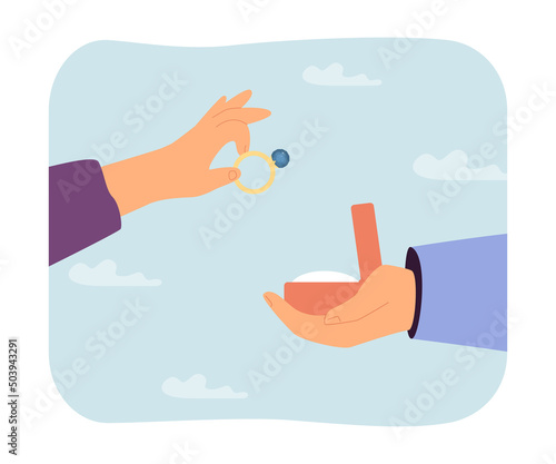 Female hand holding engagement ring flat vector illustration. Male hand holding jewelry box and proposing. Wedding ceremony, love, marriage concept for banner, website design or landing web page