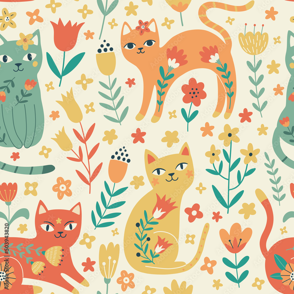 Vector seamless pattern with  flowers and cats. Cute Flower Cats in cartoon style. Botanical fabric design. Hand drawn design for textiles, clothing, bed linen, office supplies.