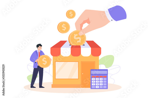 Tiny man near his shop with gold coin flat vector illustration. Businessman receiving government subsidy, grant, money, help in crisis. Assistance, support, finance concept
