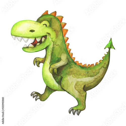 Cartoon watercolour green dinosaur. Funny tyrannosaurus smile. Trace image © LinaTruman