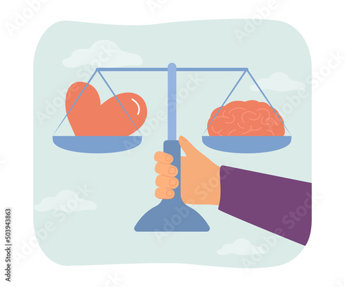 Human brain and heart on scale flat vector illustration. Balance between love, emotions and rational thinking. Cooperation, intelligence concept for banner, website design or landing web page