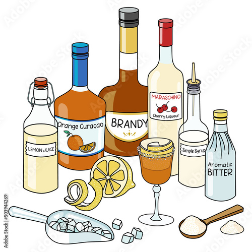 Doodle cartoon Brandy Crusta cocktail and ingredients composition. Bottles of brandy and maraschino liquor, orange curacao, ice scoop and lemon. For bar menu, stickers or alcohol cook book recipe.
