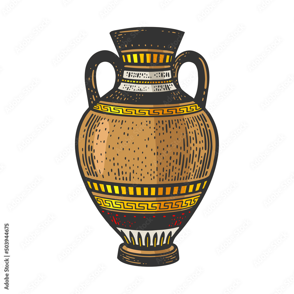 Ancient Greek Amphora color sketch engraving vector illustration. T-shirt apparel print design. Scratch board imitation. Black and white hand drawn image.