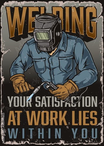 Vertical vintage poster with welder