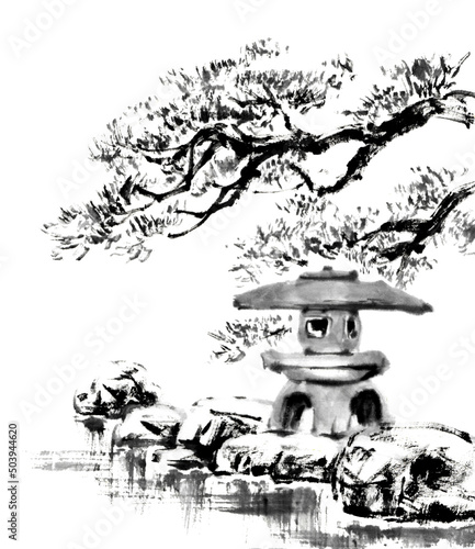 水墨画技法で描いた庭園の灯篭と松