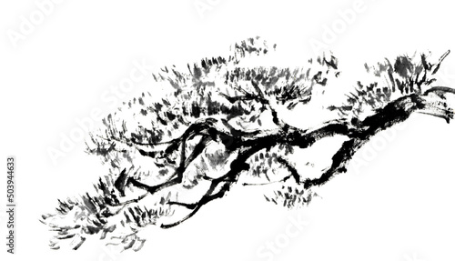水墨画技法で描いた松の枝