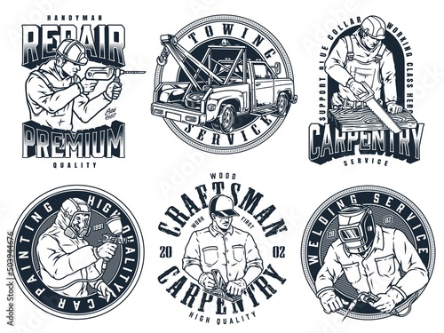 Manual labours monochrome emblems collection